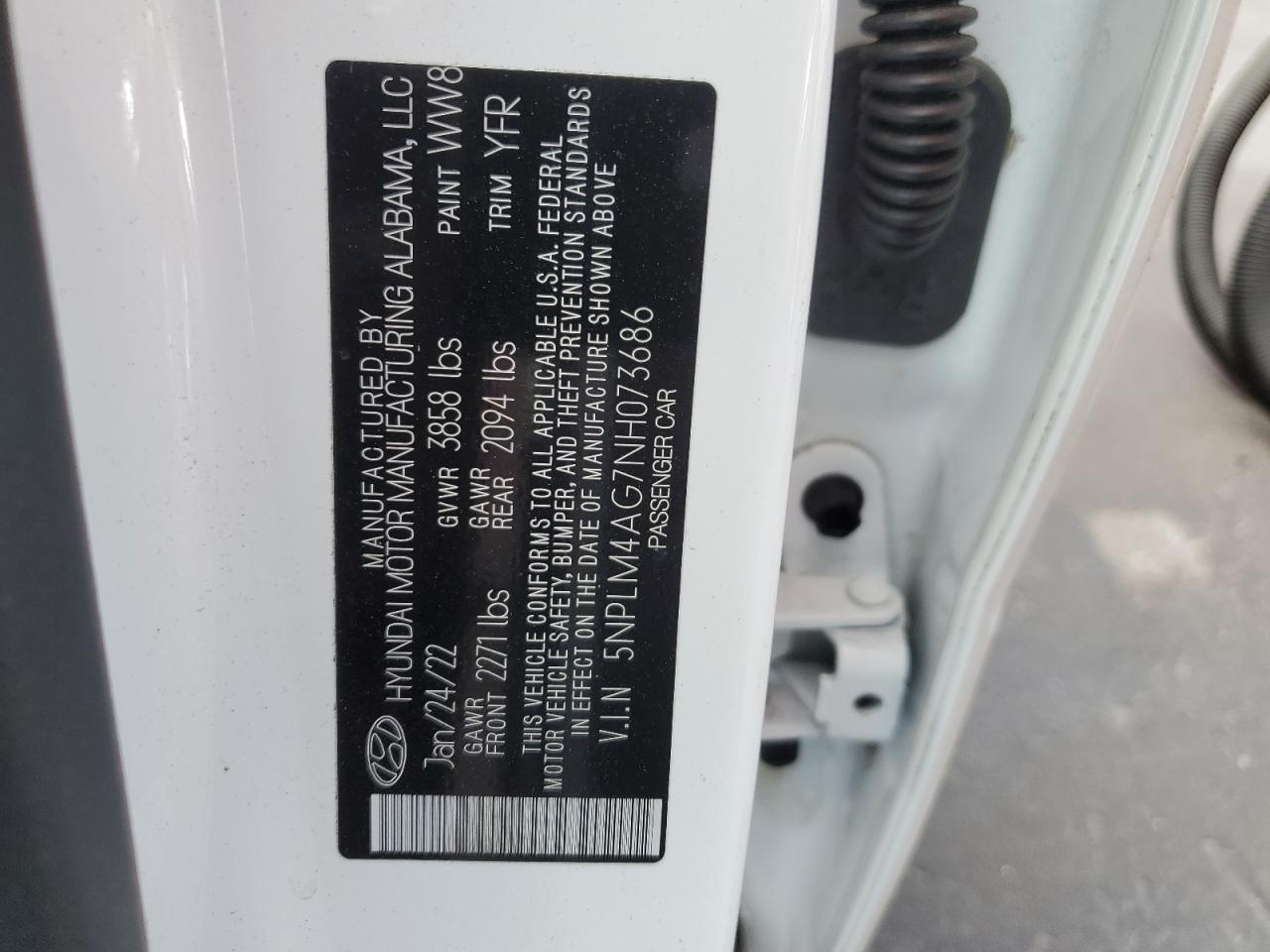 2022 HYUNDAI ELANTRA SEL VIN:5NPLM4AG7NH073686