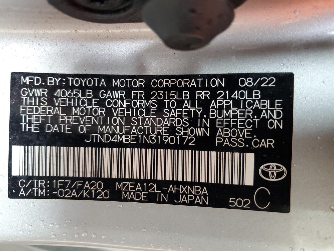 2022 TOYOTA COROLLA SE VIN:JTND4MBE1N3190172