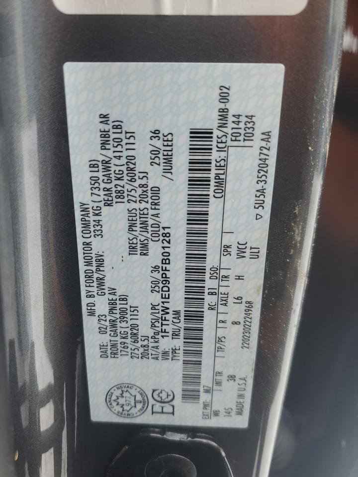 2023 FORD F150 SUPERCREW VIN:1FTFW1ED9PFB01281