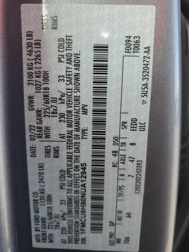 2022 FORD ESCAPE SEL VIN:1FMCU9H90NUA12945