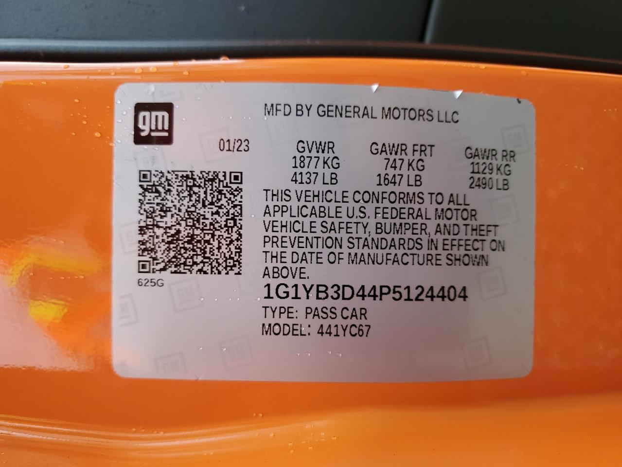 2023 CHEVROLET CORVETTE STINGRAY 2LT VIN:1G1YB3D44P5124404