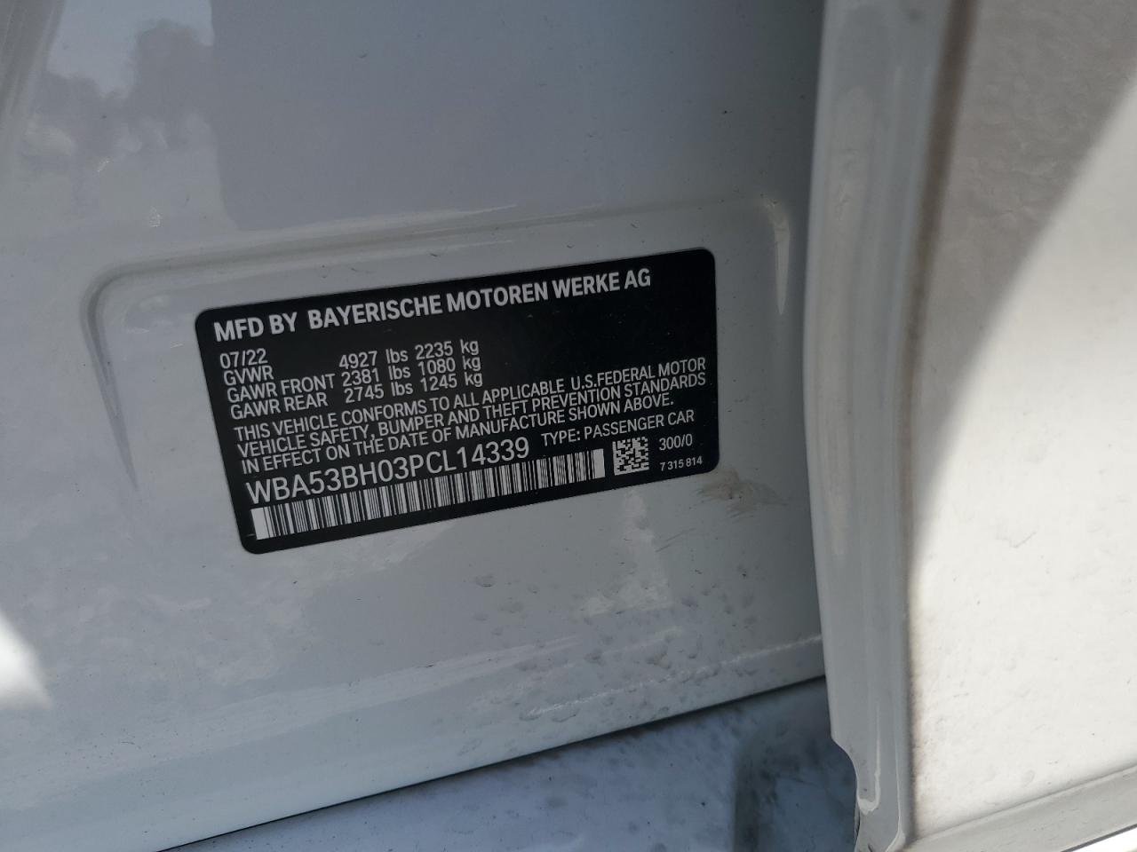 2023 BMW 530 I VIN:WBA53BH03PCL14339