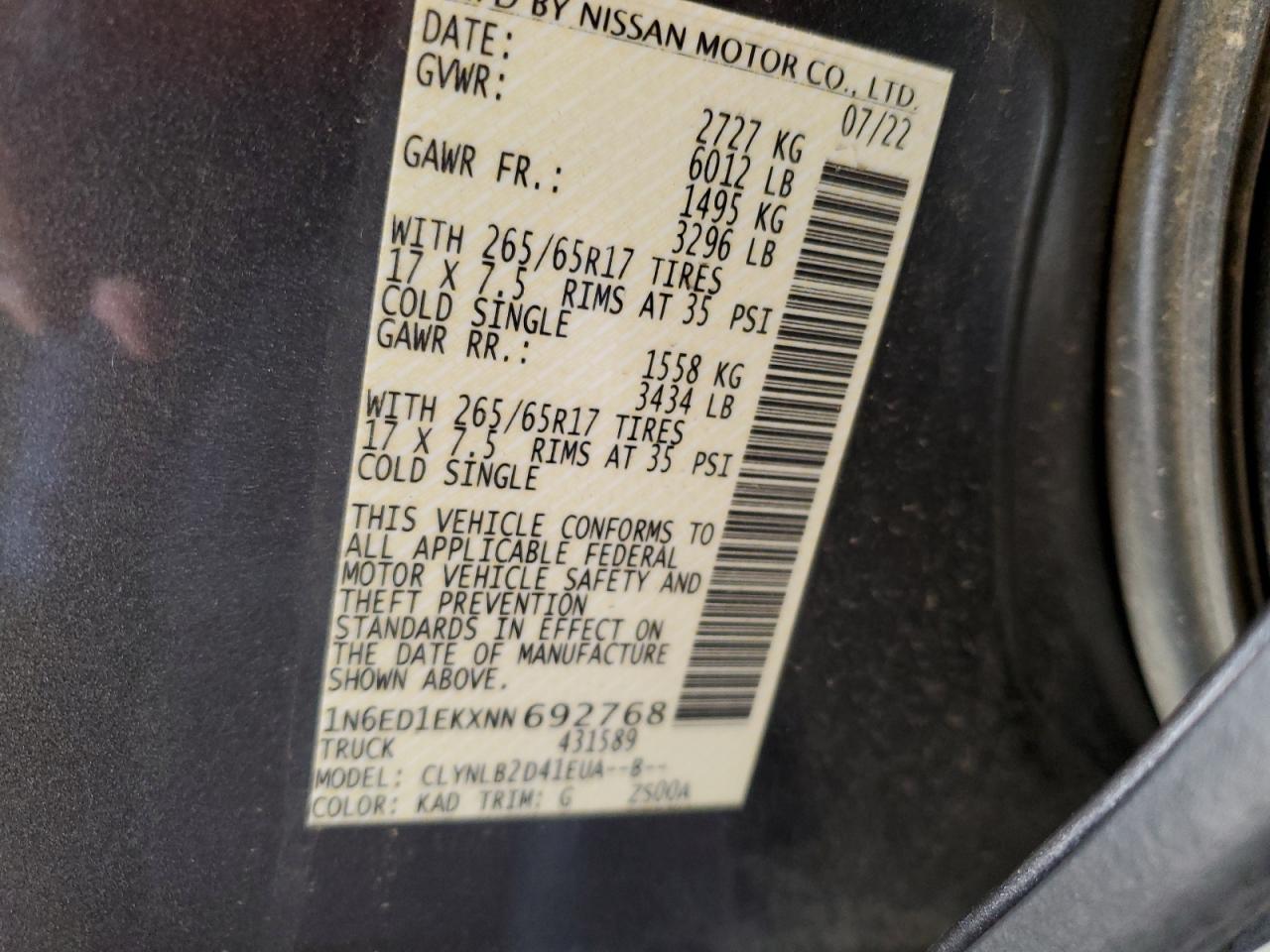 2022 NISSAN FRONTIER S VIN:1N6ED1EKXNN692768