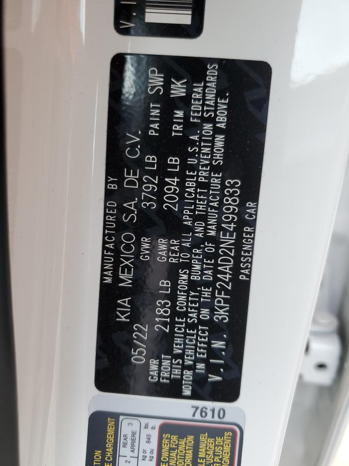 2022 KIA FORTE FE VIN:3KPF24AD2NE499833