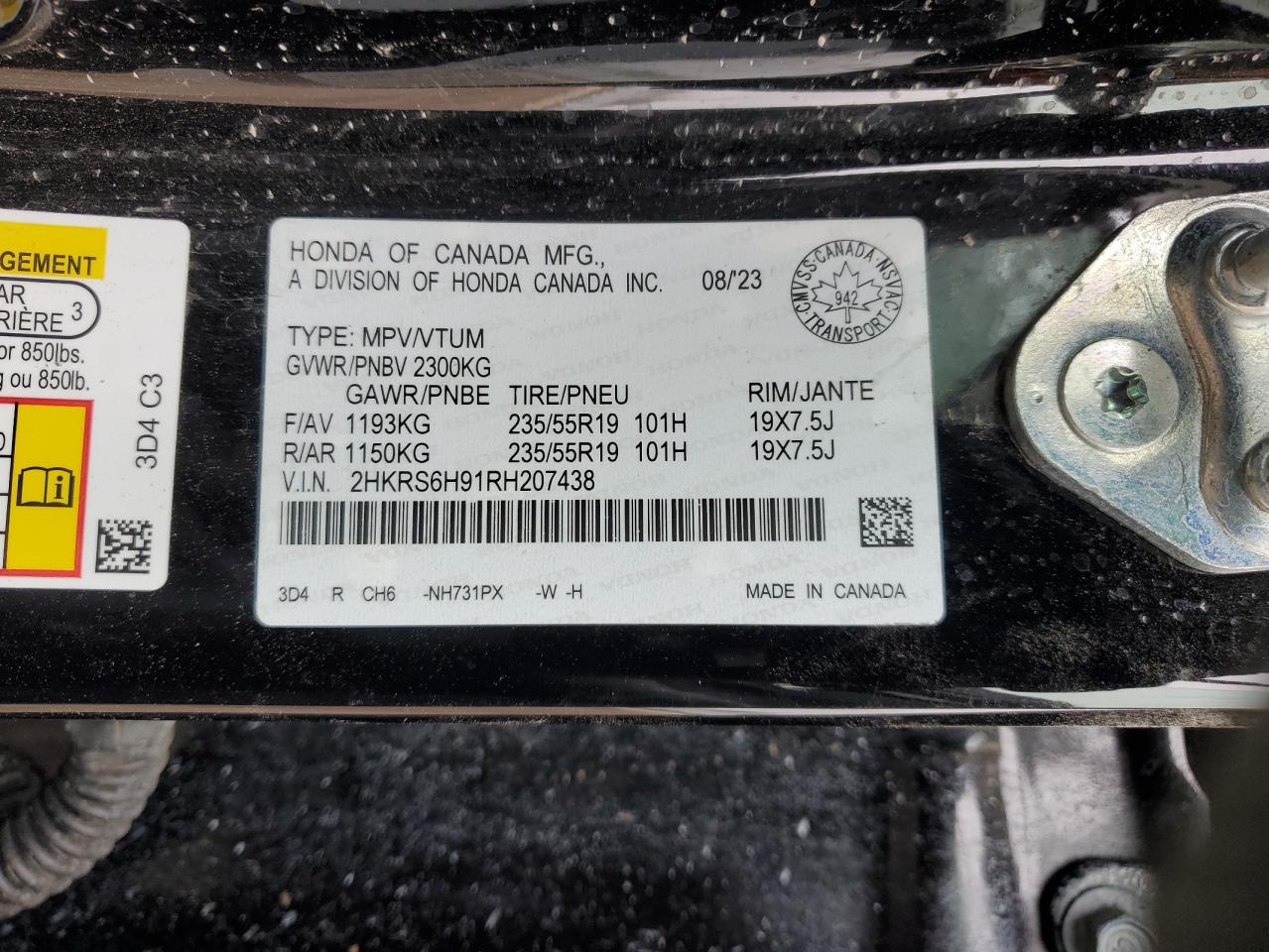 2024 HONDA CR-V SPORT TOURING VIN:2HKRS6H91RH207438