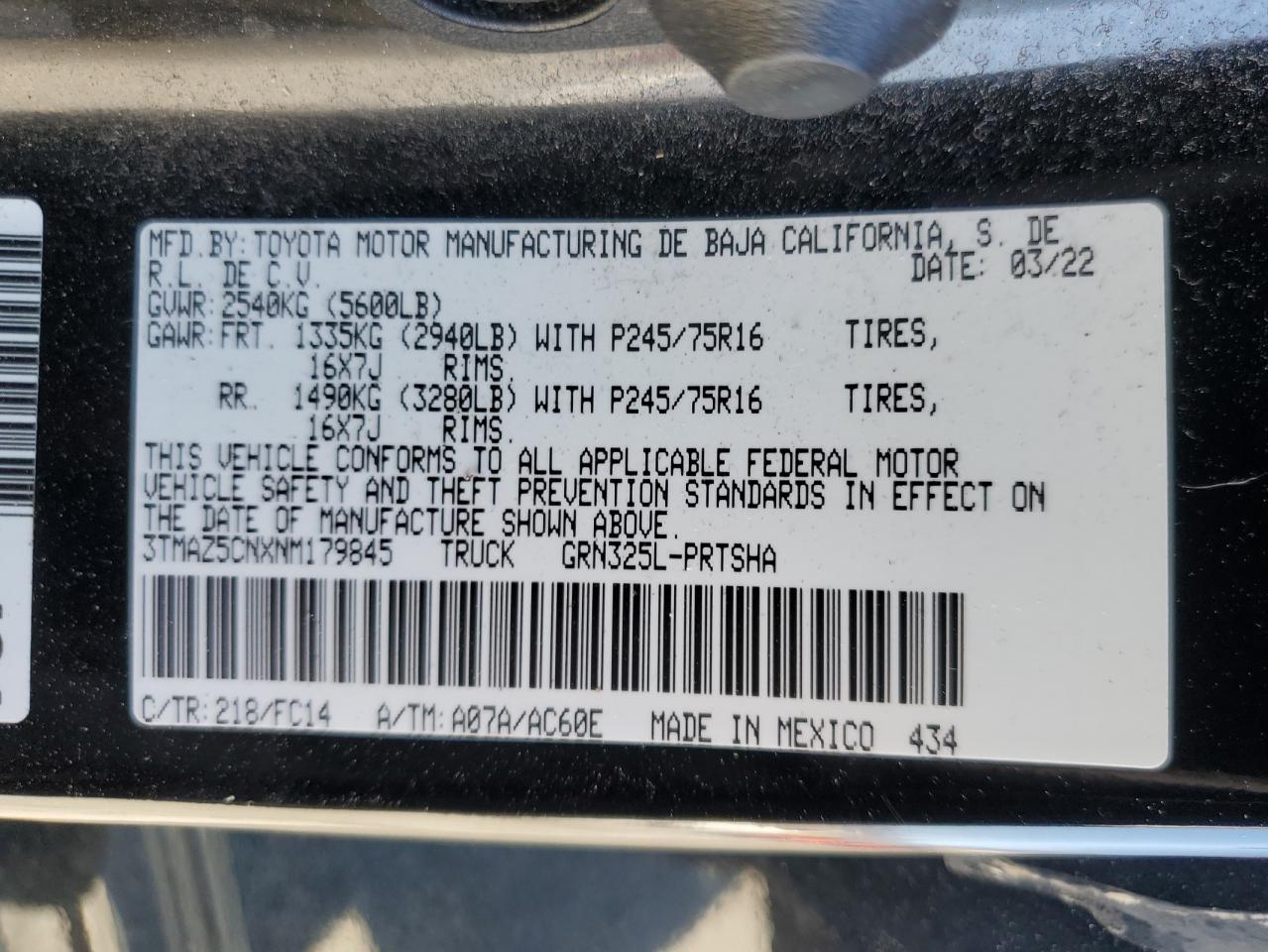 2022 TOYOTA TACOMA DOUBLE CAB VIN:3TMAZ5CNXNM179845