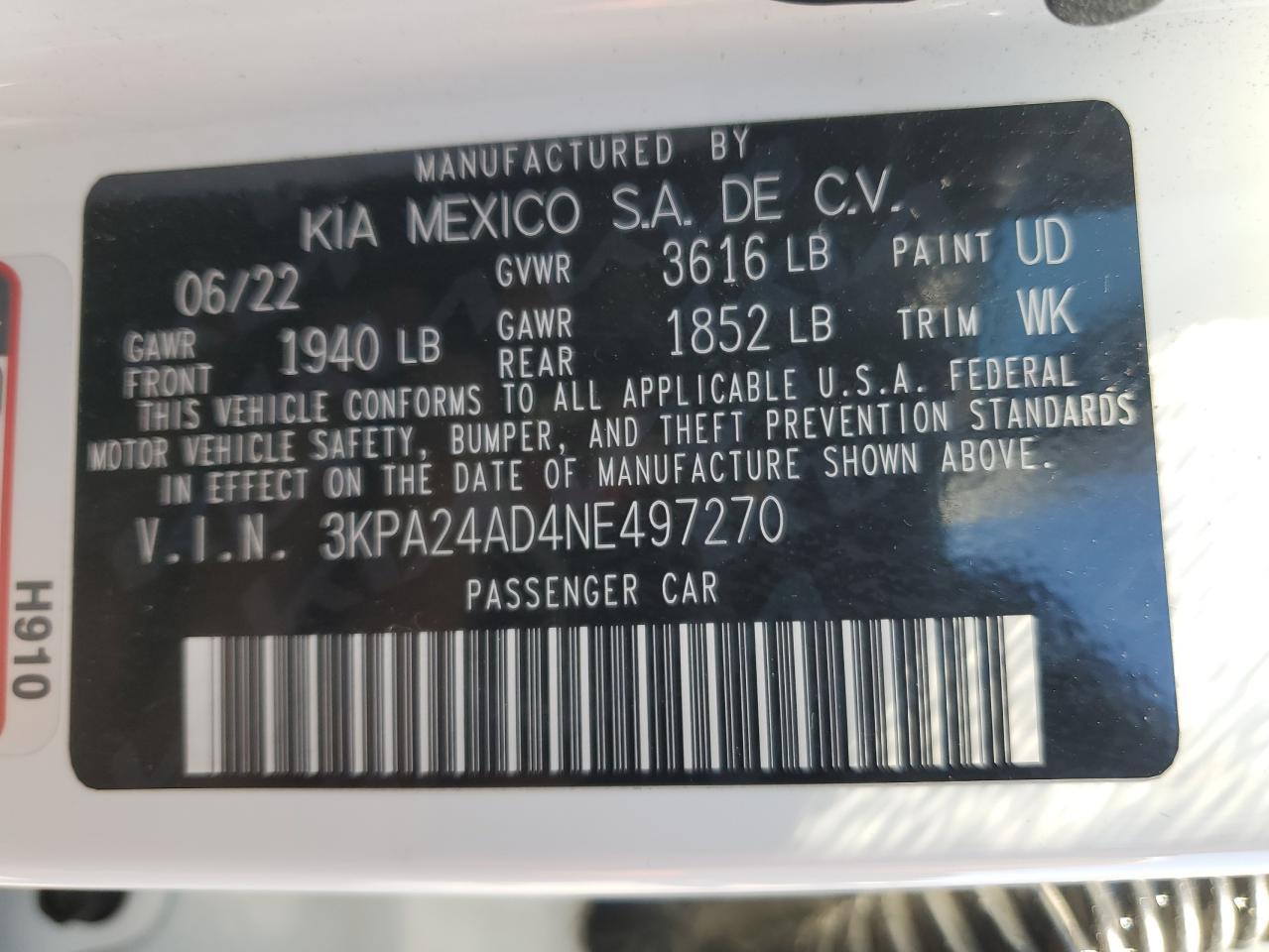 2022 KIA RIO LX VIN:3KPA24AD4NE497270