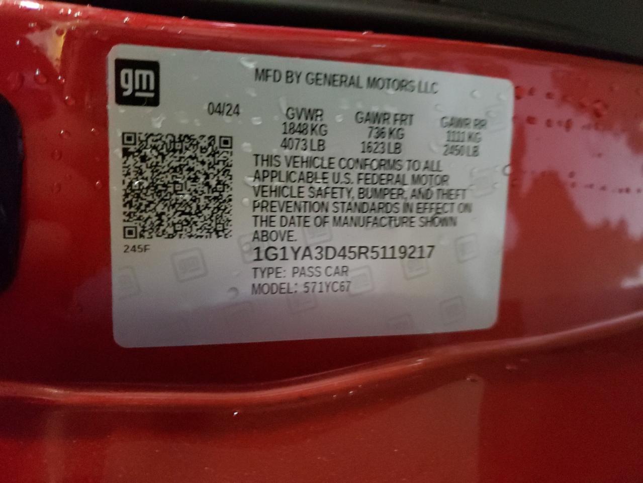 2024 CHEVROLET CORVETTE STINGRAY 1LT VIN:1G1YA3D45R5119217