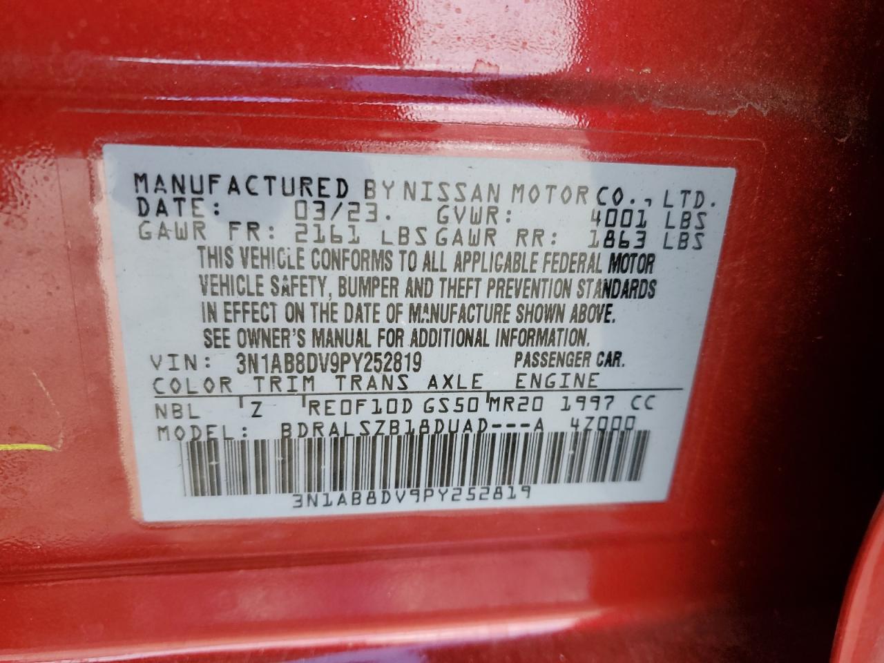 2023 NISSAN SENTRA SR VIN:3N1AB8DV9PY252819