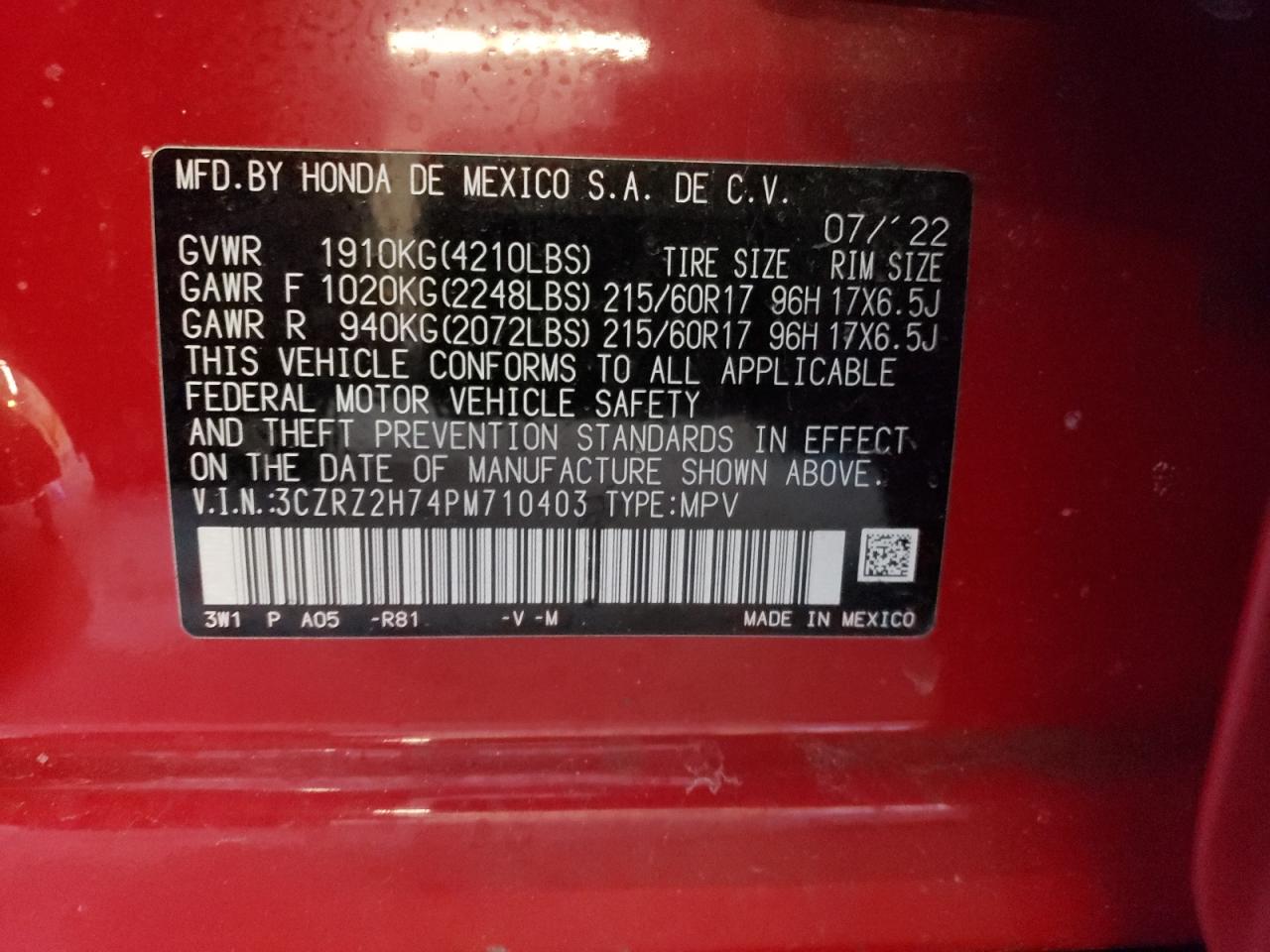 2023 HONDA HR-V EXL VIN:3CZRZ2H74PM710403