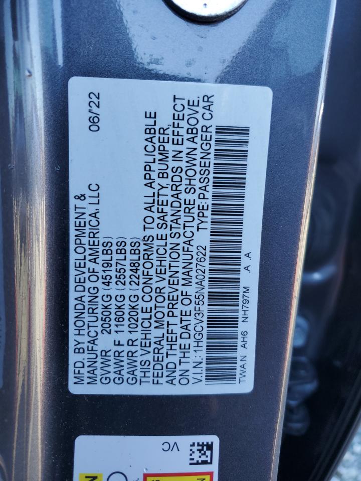 2022 HONDA ACCORD HYBRID EXL VIN:1HGCV3F55NA027622