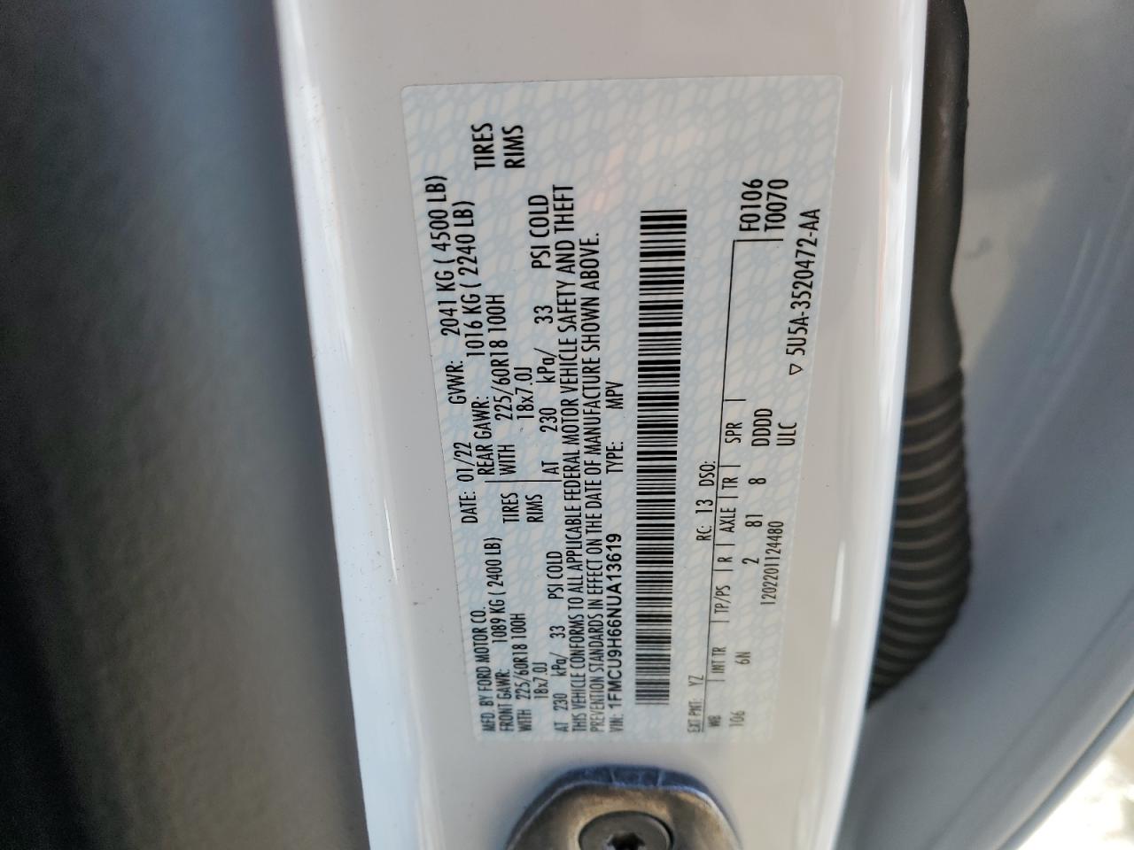 2022 FORD ESCAPE SEL VIN:1FMCU9H66NUA13619