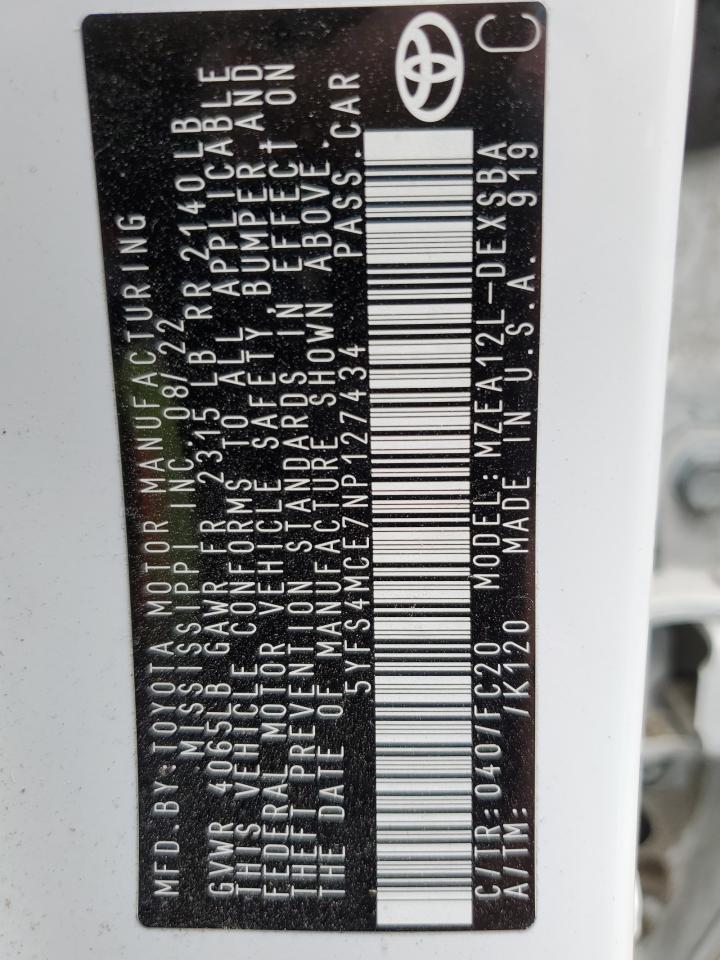 2022 TOYOTA COROLLA SE VIN:5YFS4MCE7NP127434