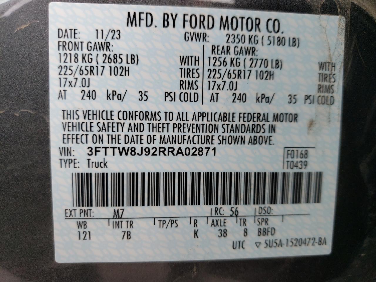 2024 FORD MAVERICK XLT VIN:3FTTW8J92RRA02871