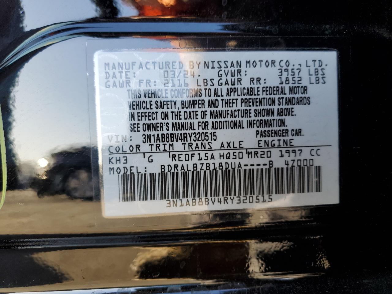2024 NISSAN SENTRA S VIN:3N1AB8BV4RY320515