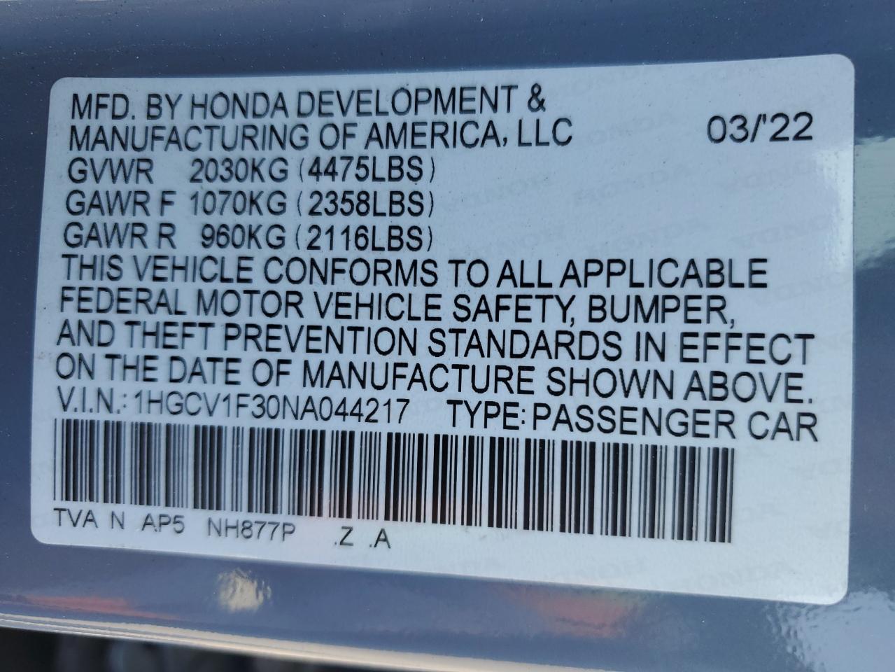 2022 HONDA ACCORD SPORT VIN:1HGCV1F30NA044217