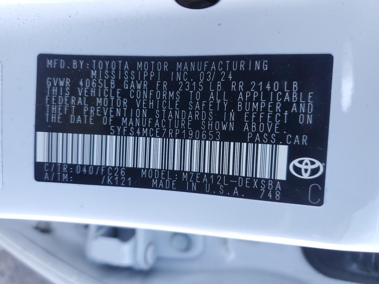 2024 TOYOTA COROLLA SE VIN:5YFS4MCE7RP190653