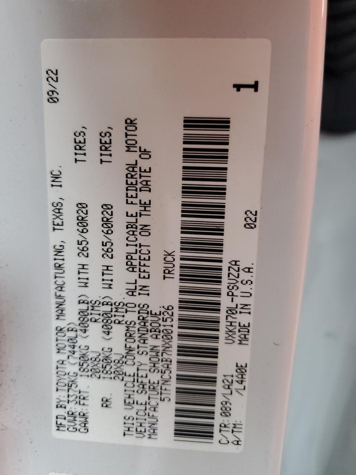 2022 TOYOTA TUNDRA CREWMAX PLATINUM VIN:5TFNC5AB7NX001526