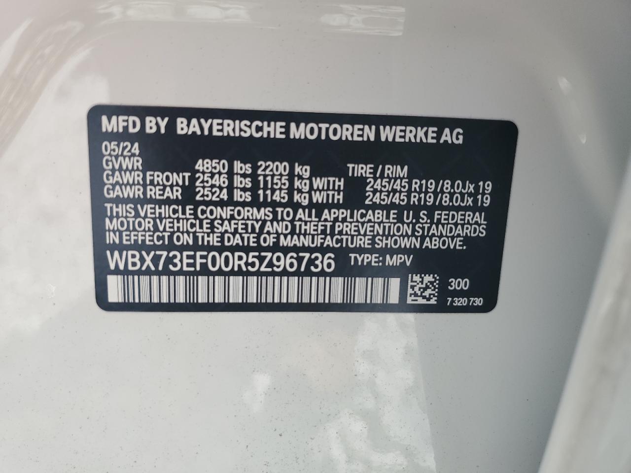 2024 BMW X1 XDRIVE28I VIN:WBX73EF00R5Z96736