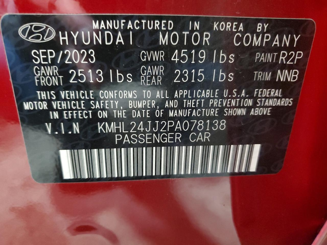 2023 HYUNDAI SONATA HYBRID VIN:KMHL24JJ2PA078138