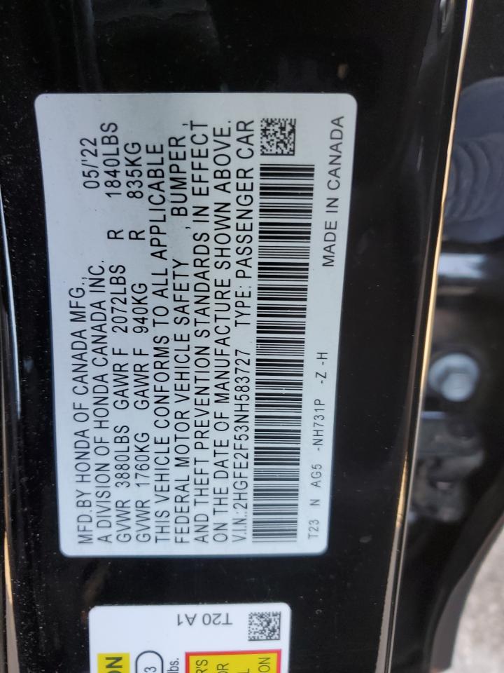 2022 HONDA CIVIC SPORT VIN:2HGFE2F53NH583727
