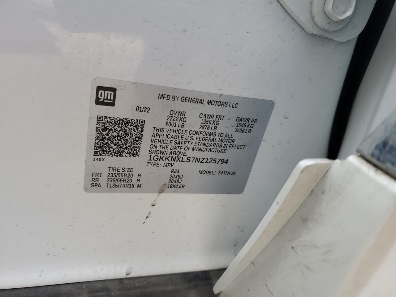 2022 GMC ACADIA DENALI VIN:1GKKNXLS7NZ125794