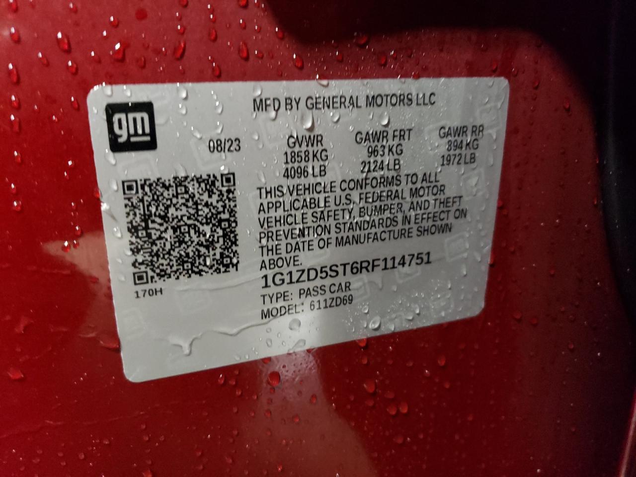 2024 CHEVROLET MALIBU LT VIN:1G1ZD5ST6RF114751