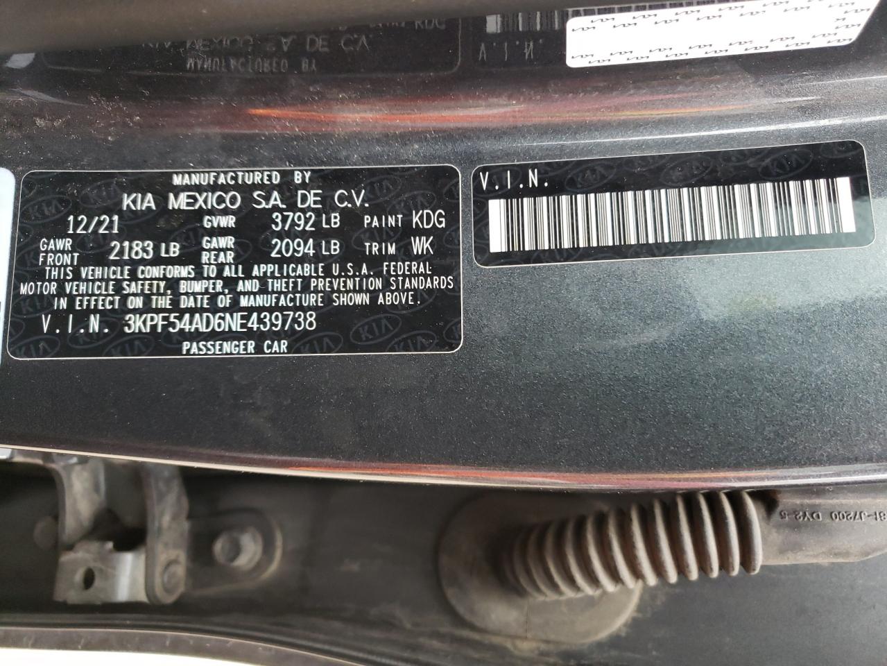 2022 KIA FORTE GT LINE VIN:3KPF54AD6NE439738