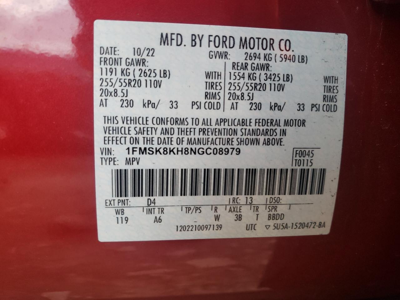 2022 FORD EXPLORER ST-LINE VIN:1FMSK8KH8NGC08979