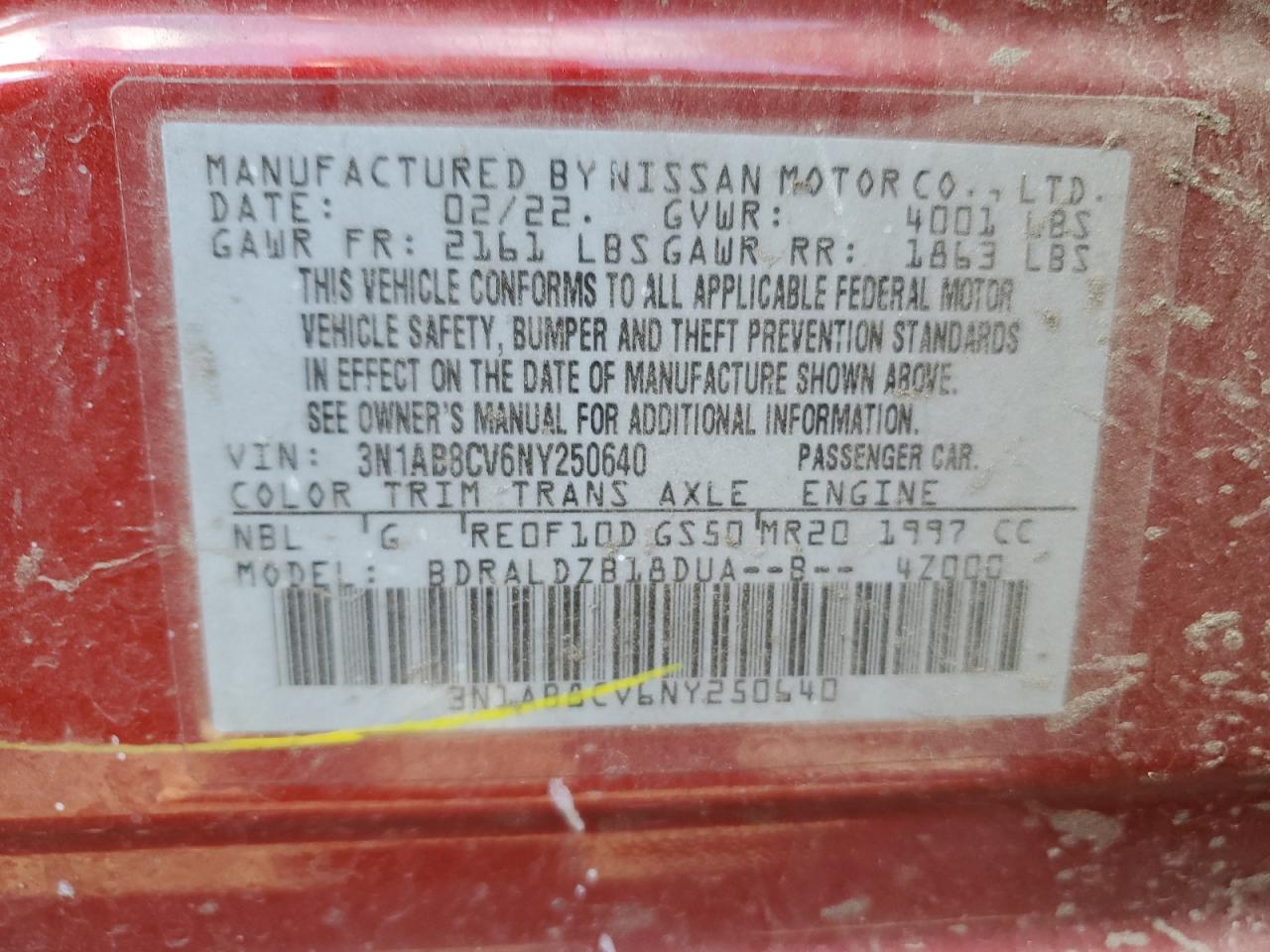 2022 NISSAN SENTRA SV VIN:3N1AB8CV6NY250640