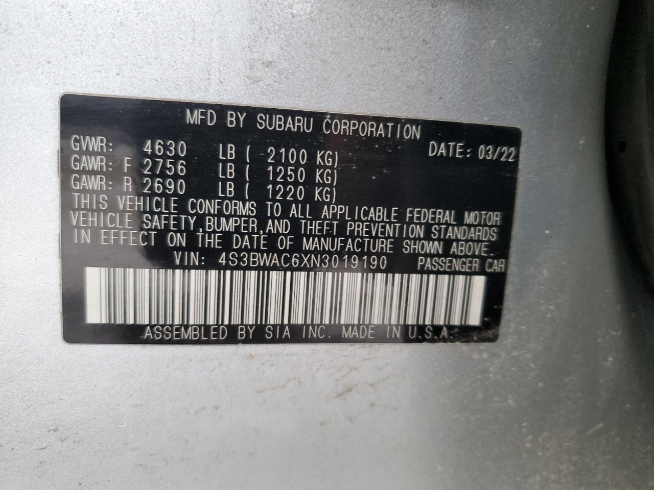 2022 SUBARU LEGACY PREMIUM VIN:4S3BWAC6XN3019190