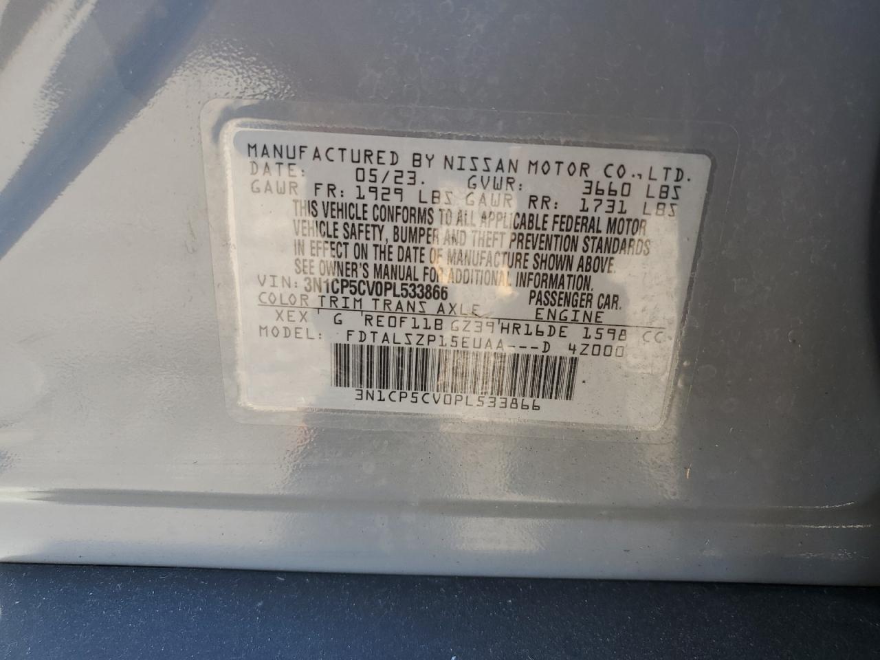 2023 NISSAN KICKS SV VIN:3N1CP5CV0PL533866