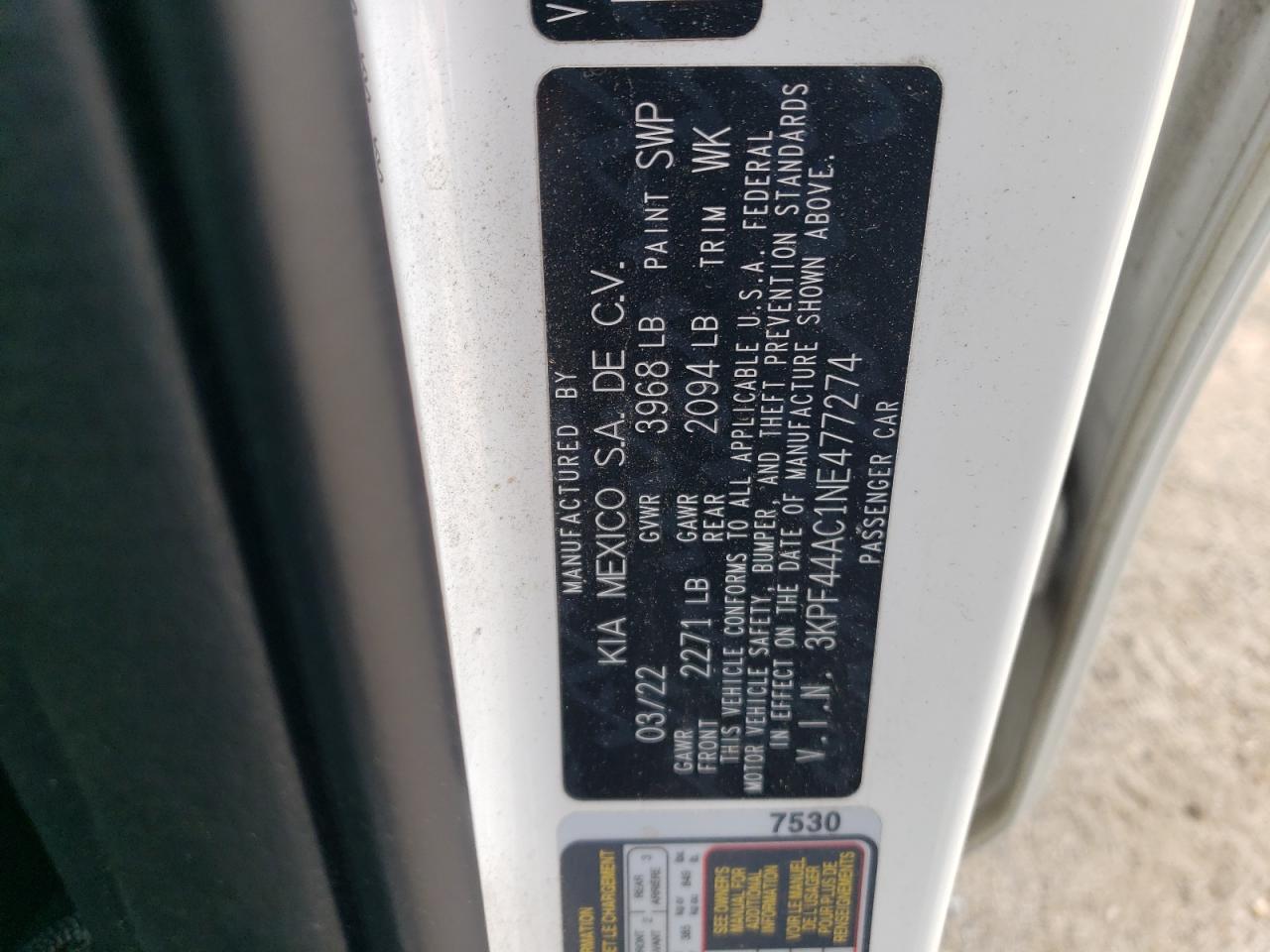 2022 KIA FORTE GT VIN:3KPF44AC1NE477274