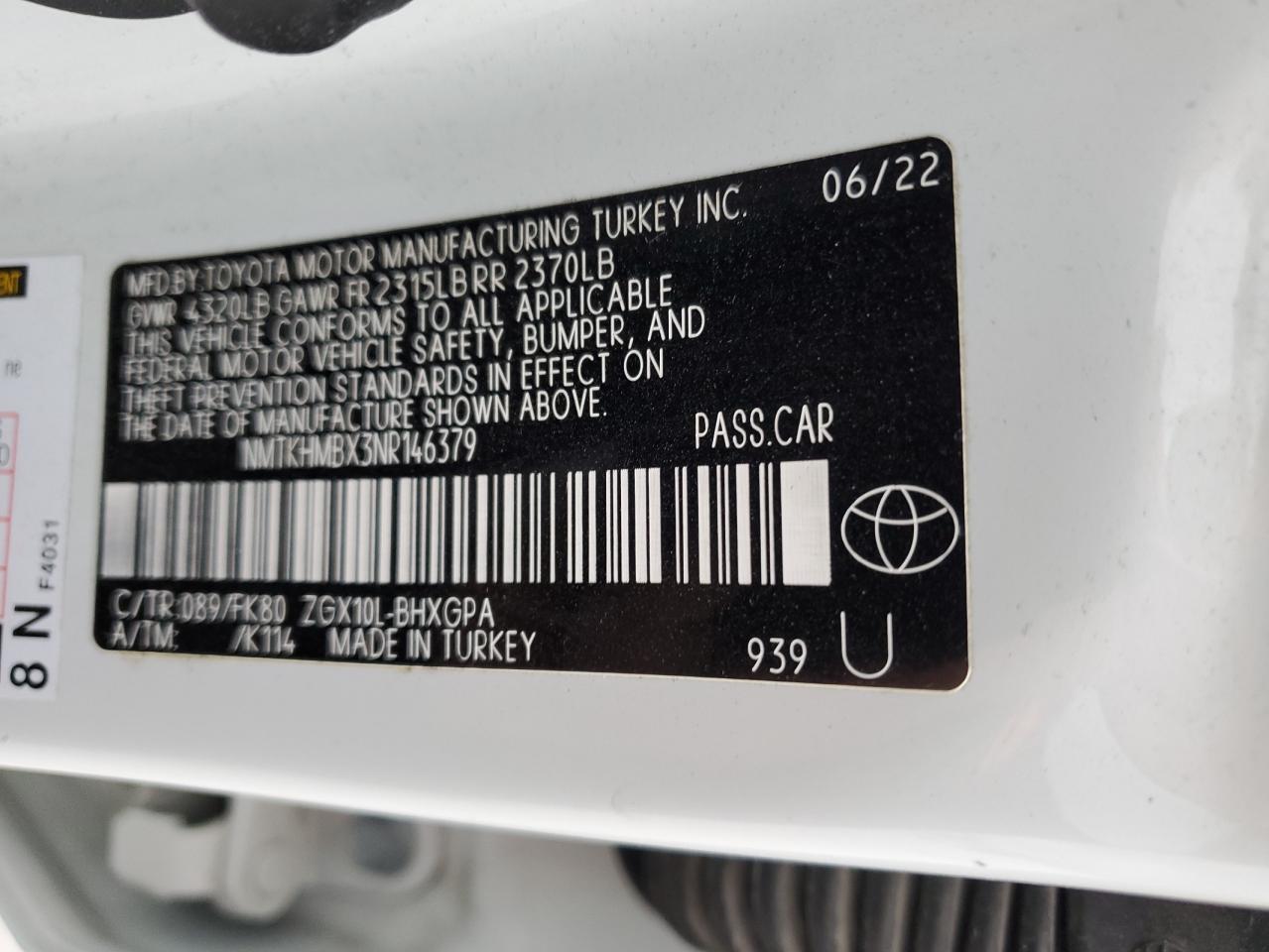 2022 TOYOTA C-HR XLE VIN:NMTKHMBX3NR146379