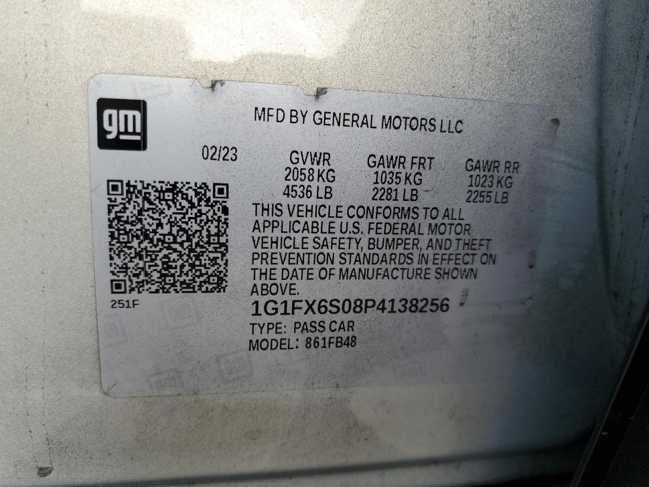 2023 CHEVROLET BOLT EV 2LT VIN:1G1FX6S08P4138256