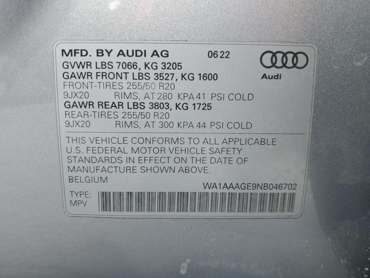 2022 AUDI E-TRON PREMIUM VIN:WA1AAAGE9NB046702