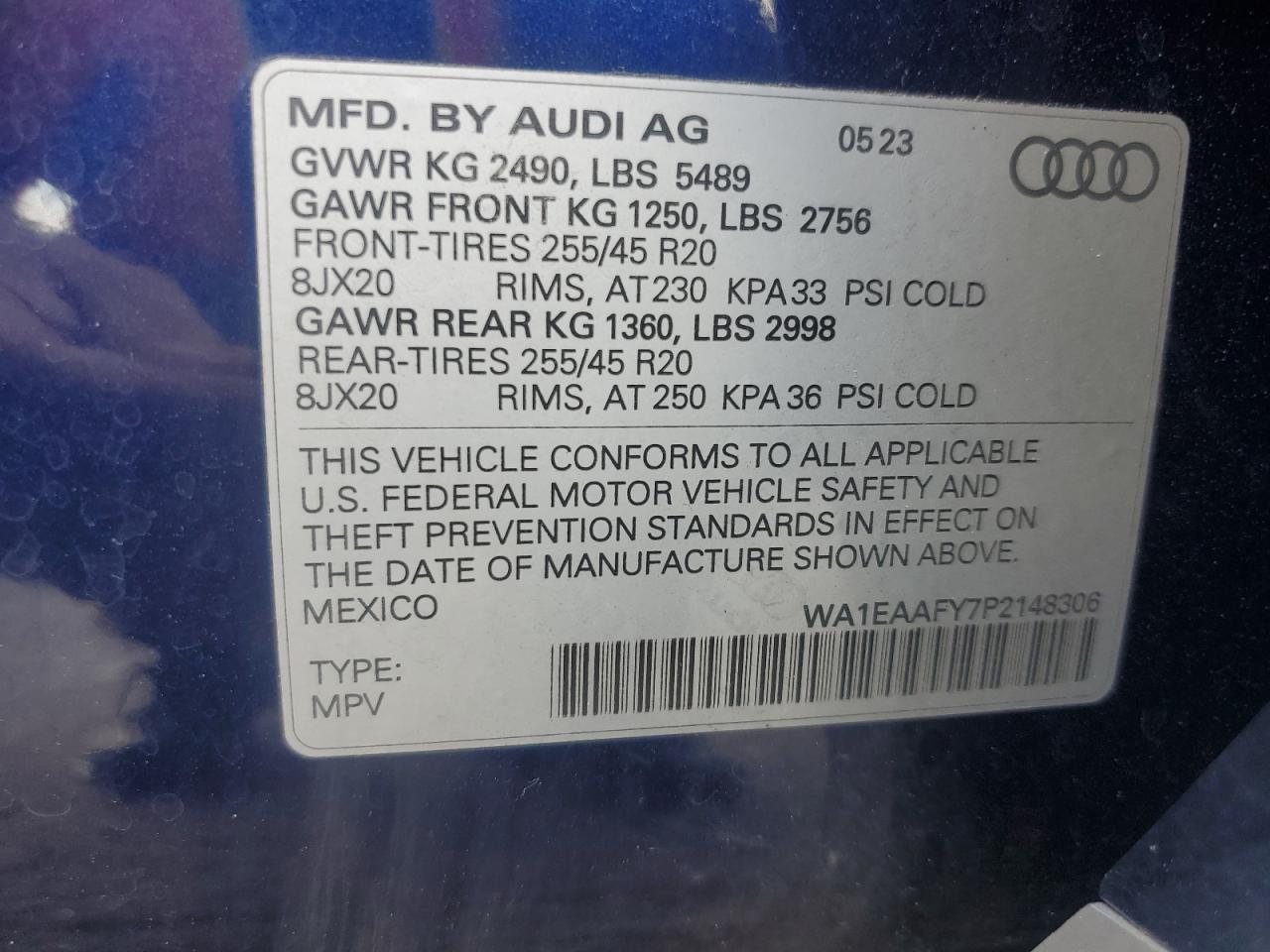 2023 AUDI Q5 PREMIUM PLUS 45 VIN:WA1EAAFY7P2148306