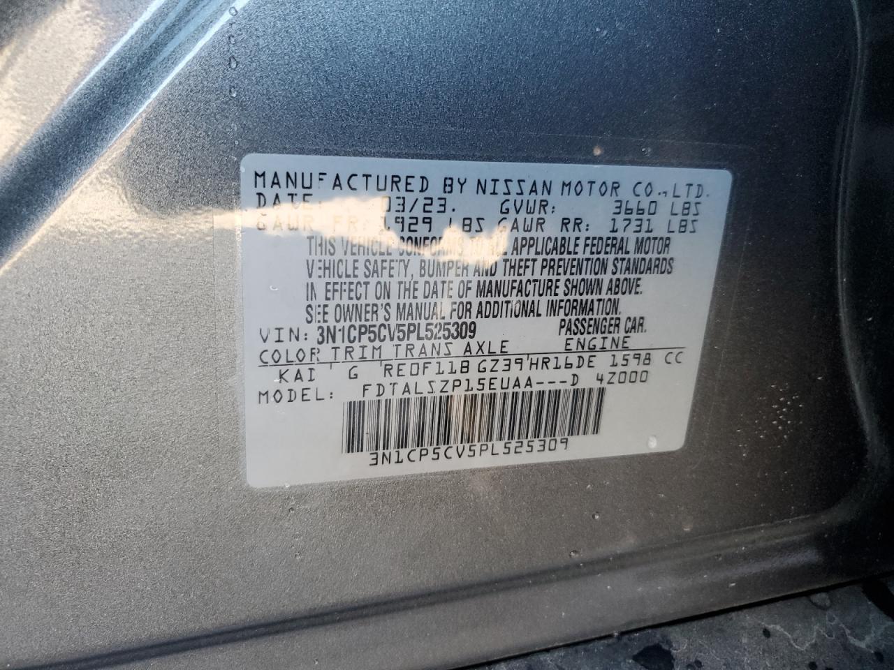 2023 NISSAN KICKS SV VIN:3N1CP5CV5PL525309