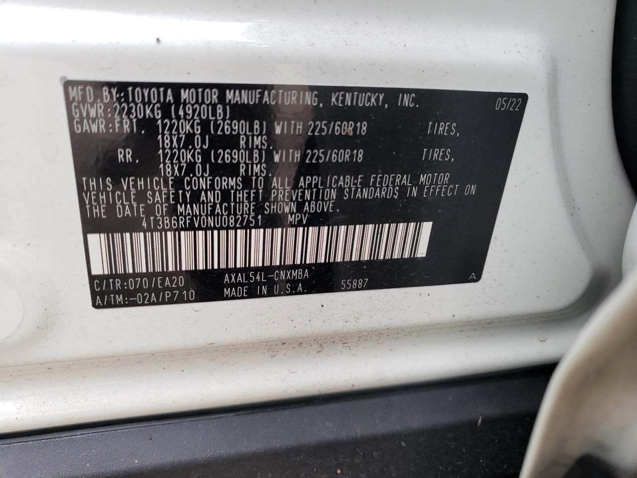 2022 TOYOTA RAV4 XLE PREMIUM VIN:4T3B6RFV0NU082751