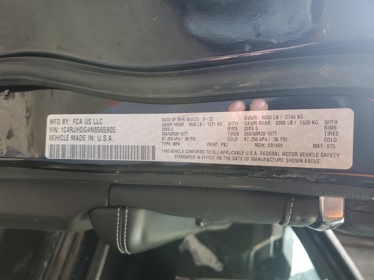 2022 JEEP GRAND CHEROKEE OVERLAND VIN:1C4RJHDG4N8565905