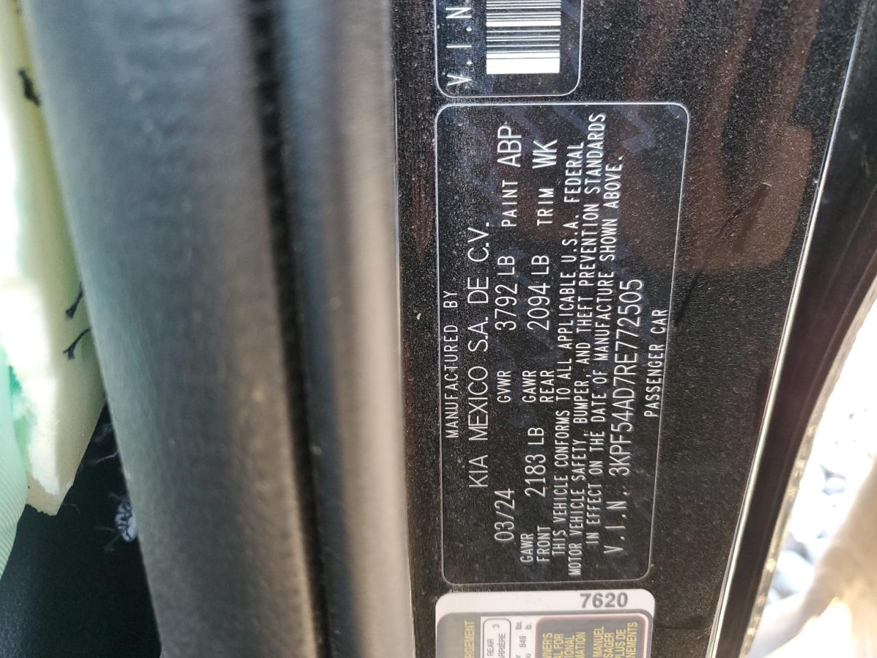 2024 KIA FORTE GT LINE VIN:3KPF54AD7RE772505