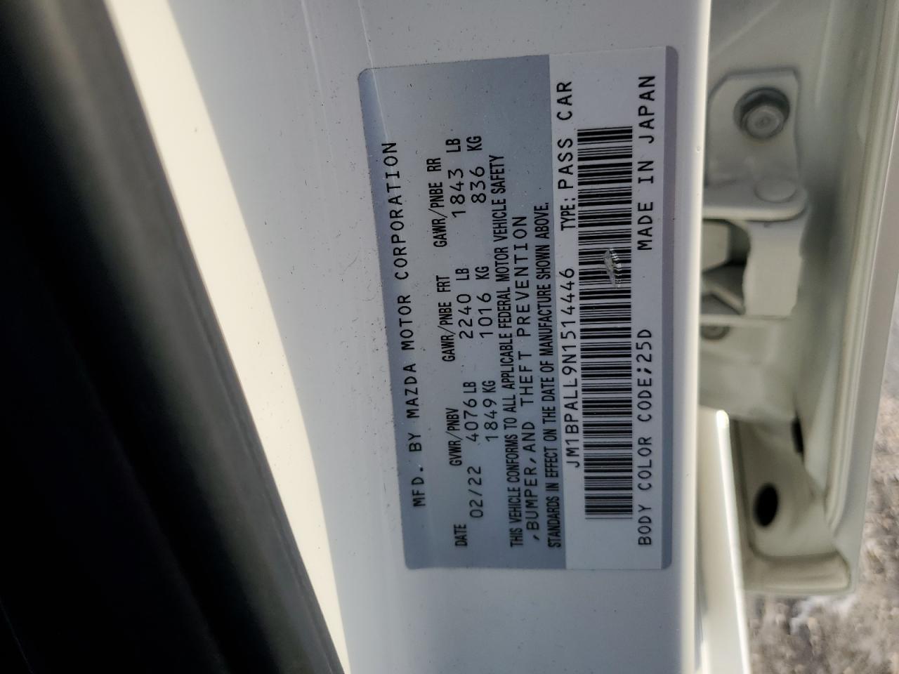 2022 MAZDA 3 PREFERRED VIN:JM1BPALL9N1514446