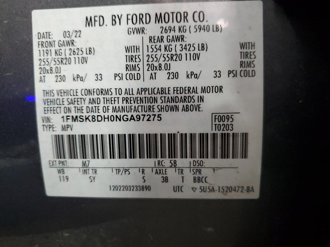 2022 FORD EXPLORER XLT VIN:1FMSK8DH0NGA97275