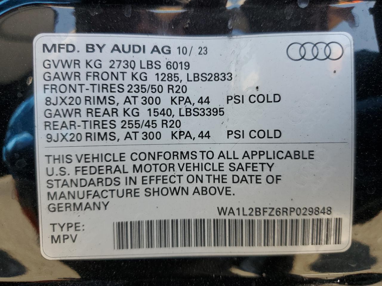 2024 AUDI Q4 E-TRON PREMIUM PLUS VIN:WA1L2BFZ6RP029848