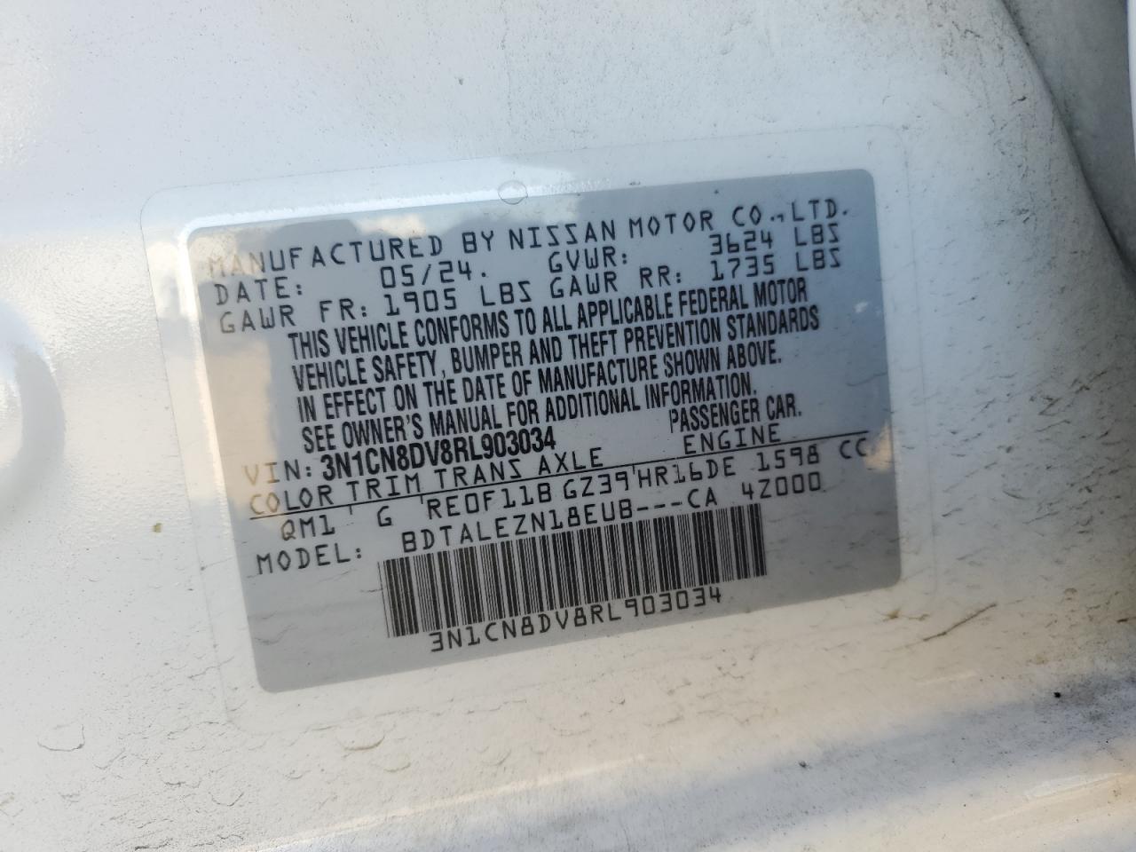 2024 NISSAN VERSA S VIN:3N1CN8DV8RL903034
