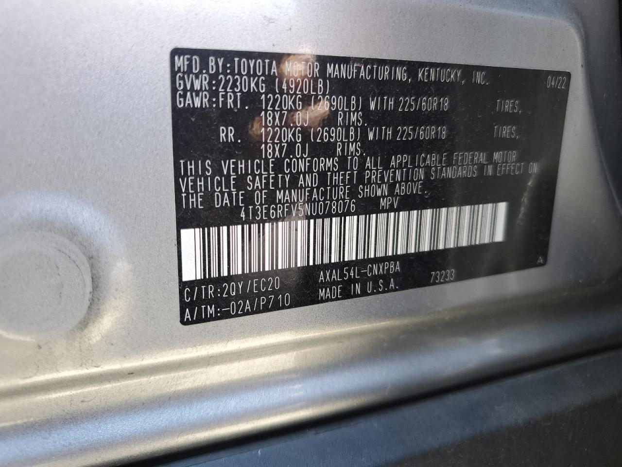 2022 TOYOTA RAV4 XSE VIN:4T3E6RFV5NU078076