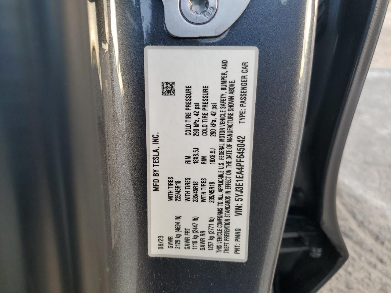 2023 TESLA MODEL 3  VIN:5YJ3E1EA4PF645042