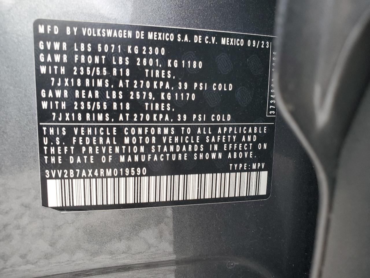 2024 VOLKSWAGEN TIGUAN SE VIN:3VV2B7AX4RM019590