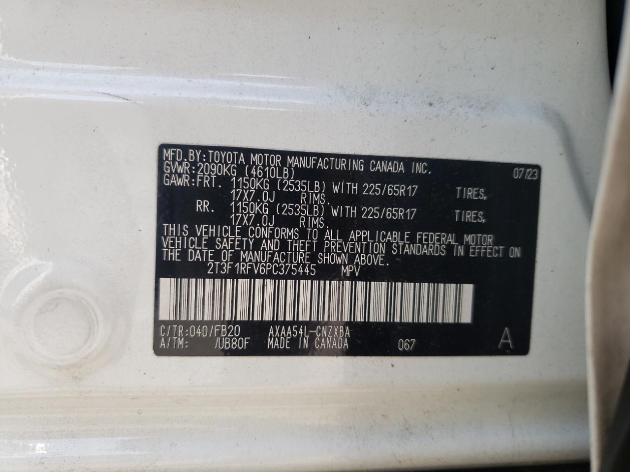 2023 TOYOTA RAV4 LE VIN:2T3F1RFV6PC375445