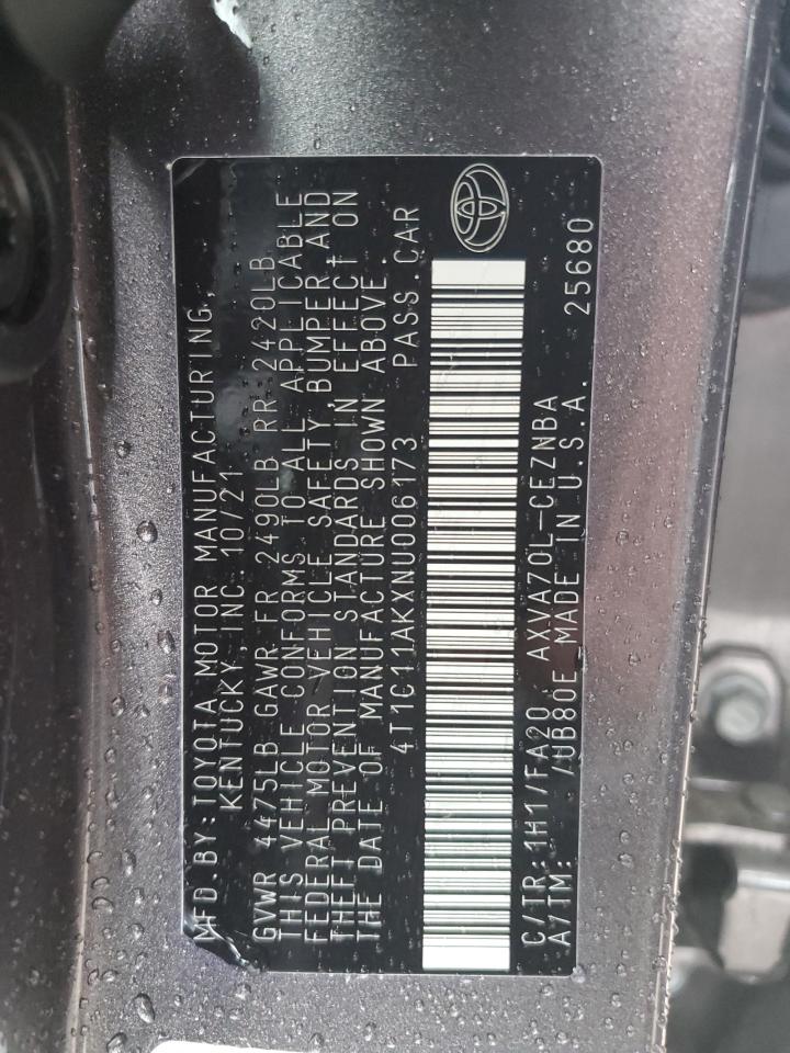 2022 TOYOTA CAMRY LE VIN:4T1C11AKXNU006173